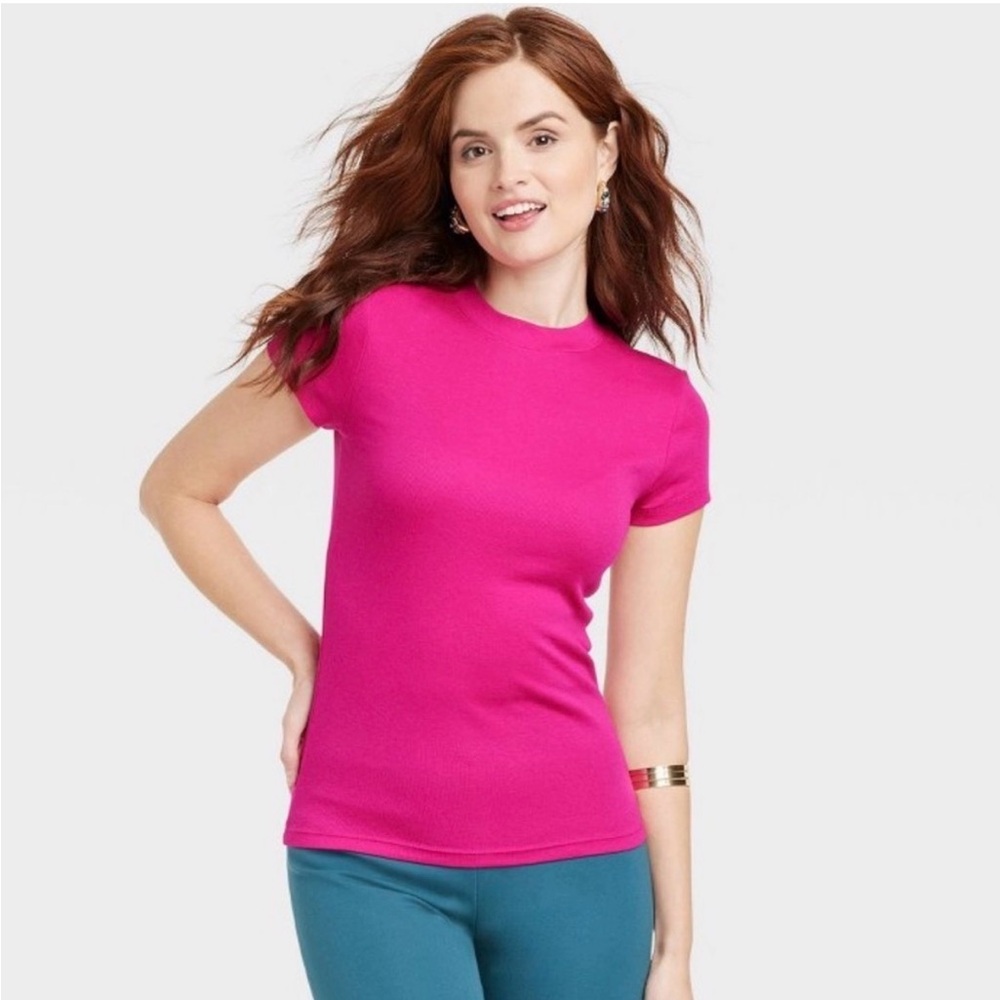 NWOT A New Day Women's Slim Fit Short Sleeve Ribbed T-Shirt Fuchsia Size Small
